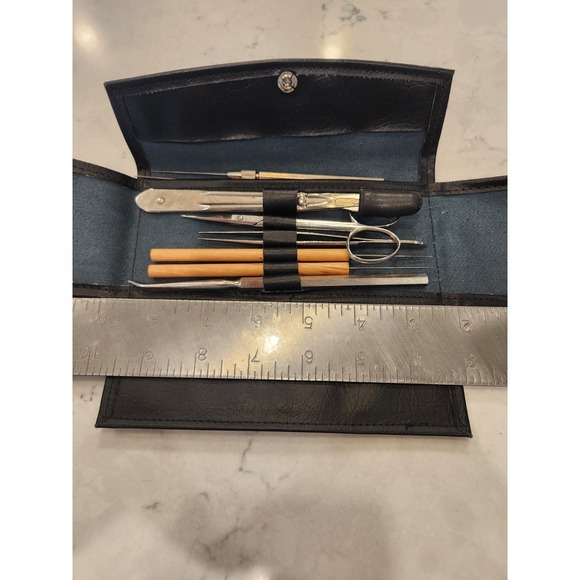 Vintage Adams Scientific Dissection Tool Kit USA Italy Black Trifold Case 9pc - Picture 5 of 8